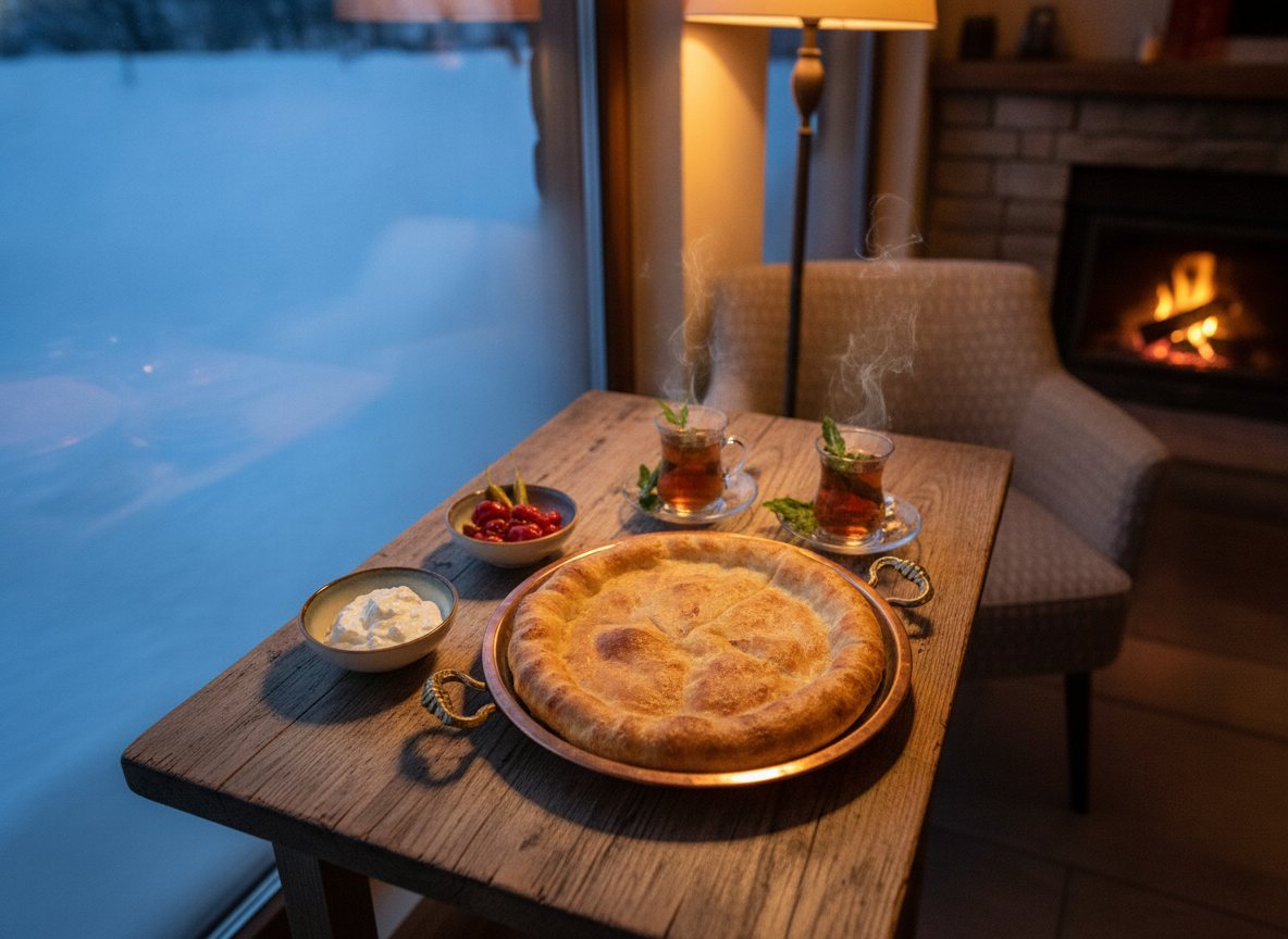 Domaća pita u bakarnoj tepsiji, kajmak i čaj pored prozora sa snegom