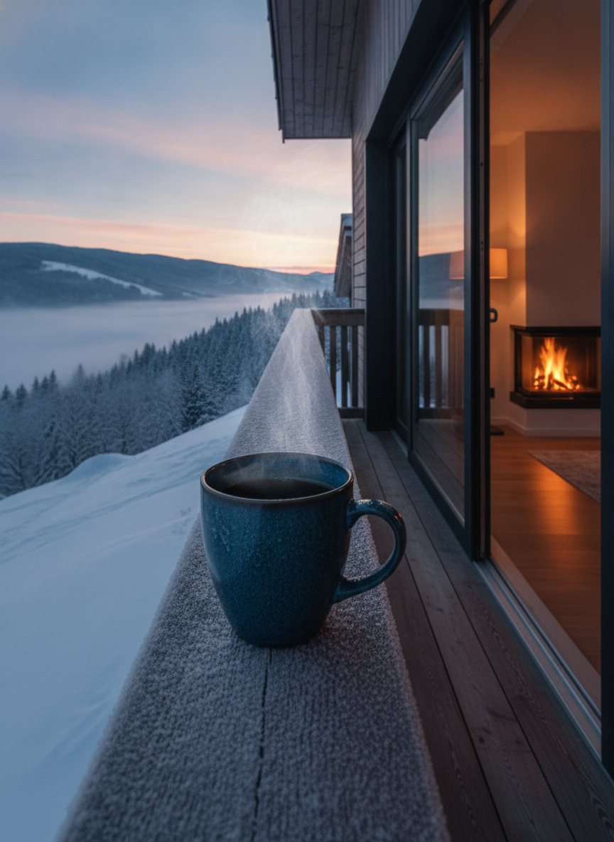 Kafa na terasi sa pogledom na zasnežena brda u zoru